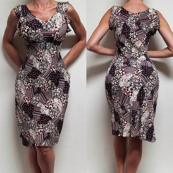 Vintage Dresses & Skirts - 90s Vintage Her Style Floral Striped Faux Patchwork Butterfly Sleeve Midi Dress